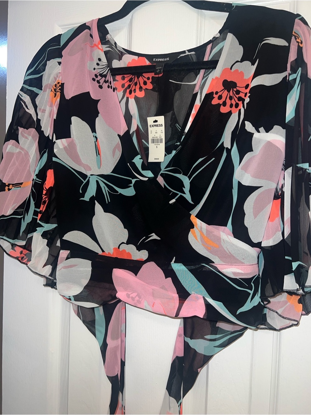 Express Black Floral Tie-Front Wrap Blouse with Pink & Coral Accents